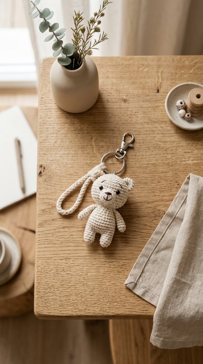 Top view of a handmade crochet keychain on a light wooden table with soft natural light and minimal home decor in the background.