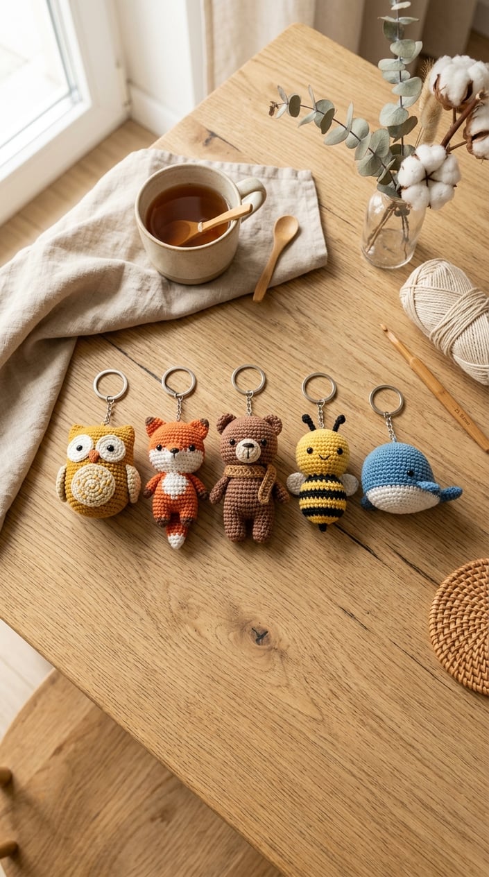 Top view of five handmade crochet keychains arranged on a light wooden table with soft natural light and minimal home decor in the background.