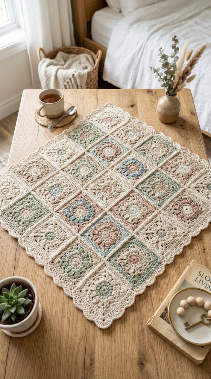 Top view of a handmade granny square crochet blanket on a light wooden table with minimal home decor around it.