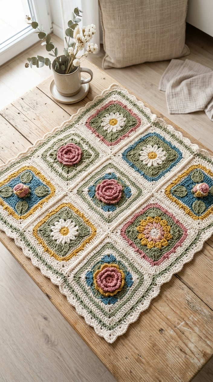 Top view of a handmade crochet granny square blanket on a light wooden table with minimal home decor in the background.