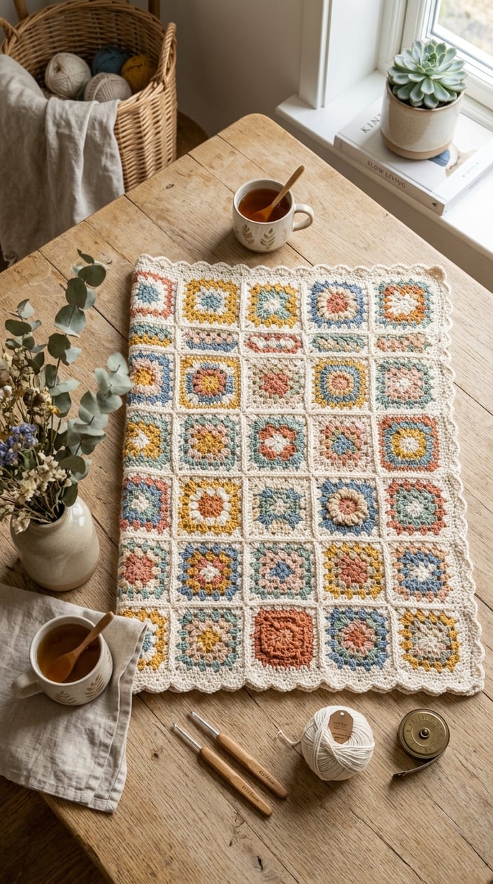 Top-down view of a handmade crochet blanket on a light wooden table with soft natural light and minimal home decor.