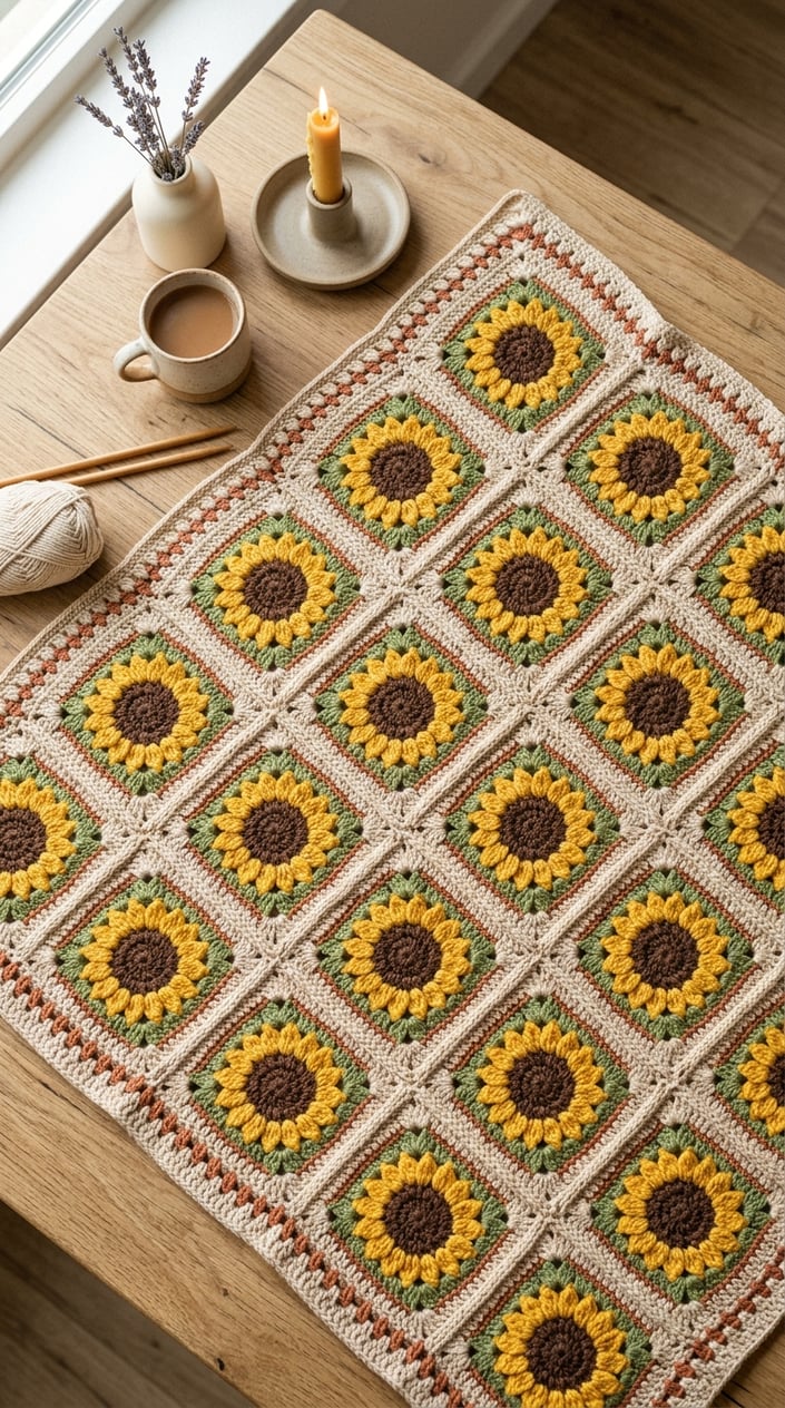 Top view of a handmade crochet granny square blanket with sunflower patterns on a wooden table, surrounded by minimal home decor items.
