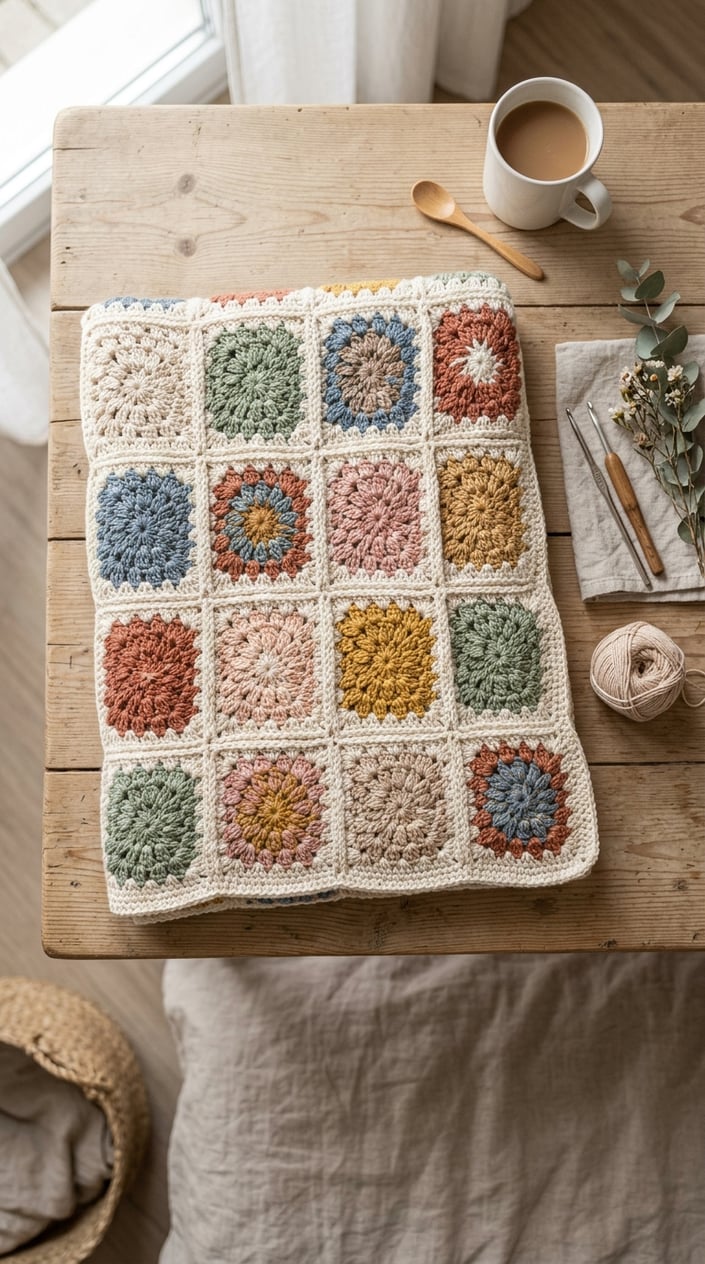 Top view of a handmade granny square crochet blanket on a light wooden table with minimal home decor and soft natural light.