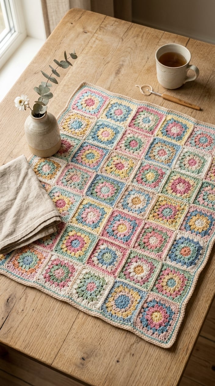Top view of a handmade crochet granny square blanket on a light wooden table with soft natural light and simple home decor accents.