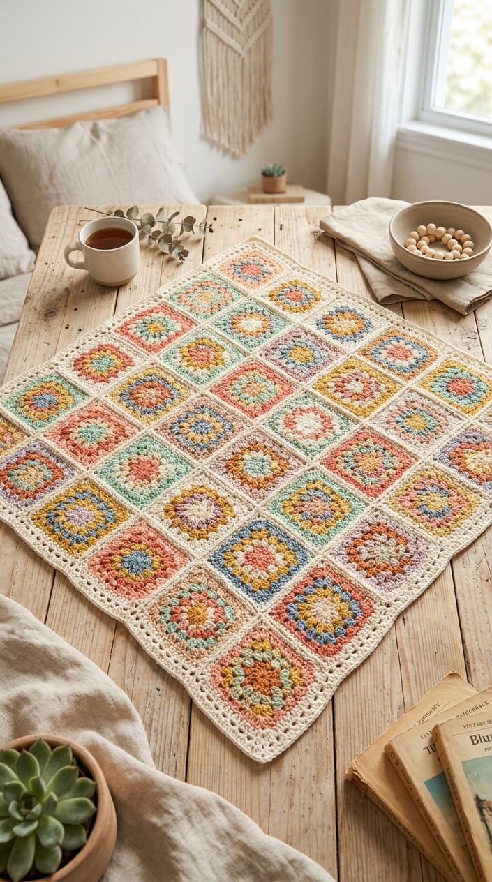 Top view of a colorful handmade crochet blanket on a light wooden table with soft natural light and minimal home decor around it.