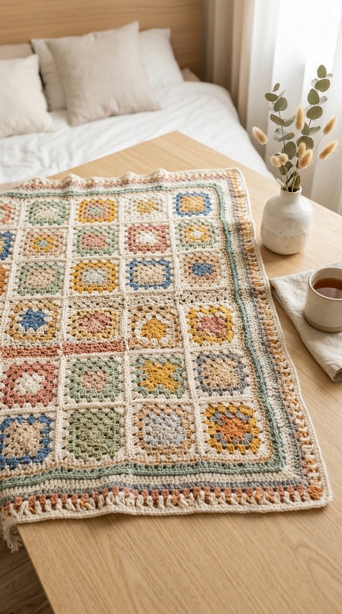 Top view of a handmade crochet granny square blanket on a light wooden table with soft natural light and minimal home decor.