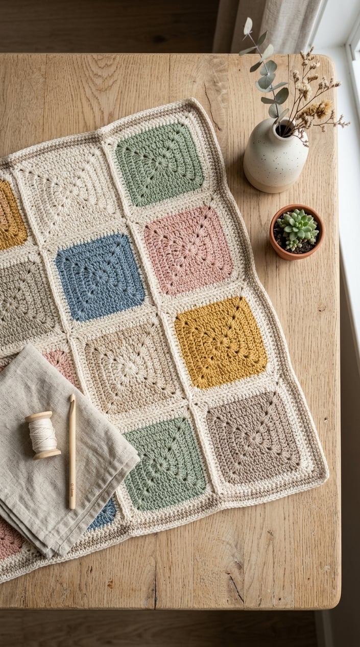 Top view of a handmade crochet granny square blanket on a light wooden table with minimal home decor around it.